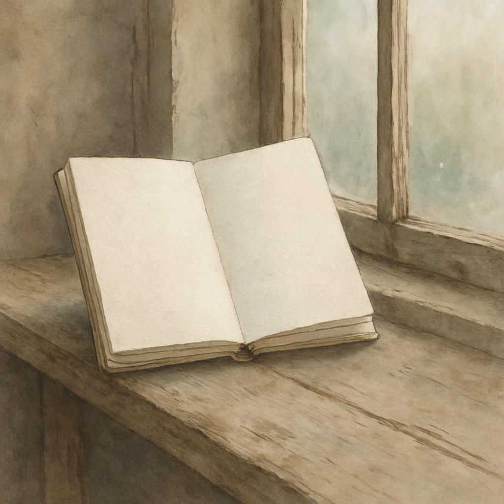 A watercolor painting of an open book on a wooden windowsill.
