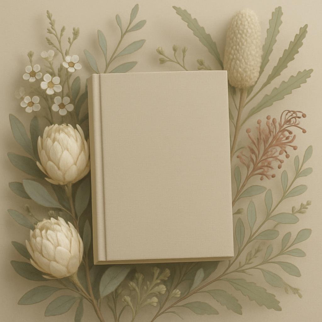 A beige book with a floral design on a beige background.