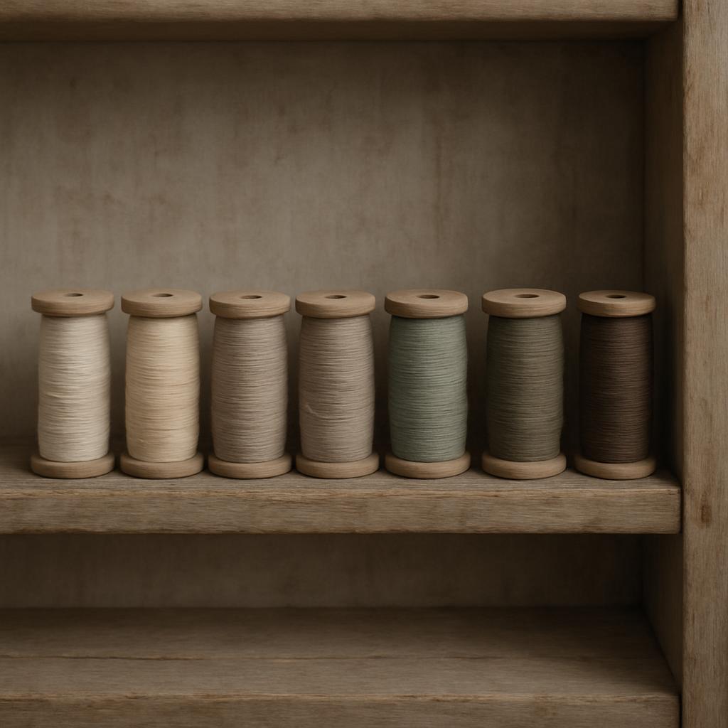 Seven spools are arranged on a wooden shelf, each with a distinct color and held in place by a small plastic base. The spo...